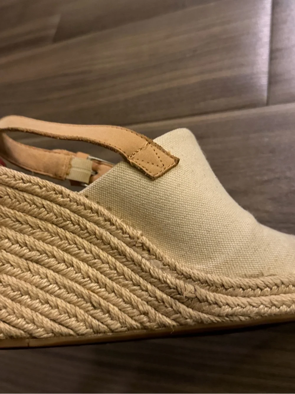 Toms Cream Canvas Wedge Espadrilles with Tan Strap